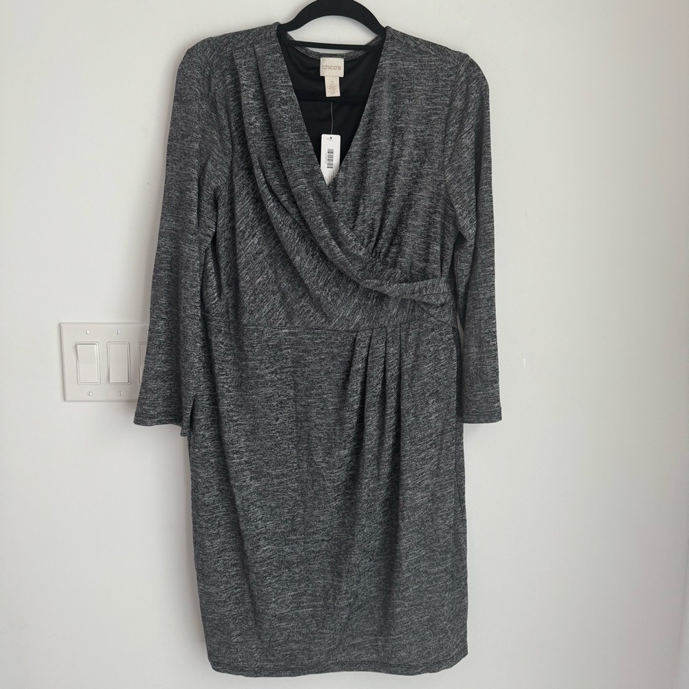 Chicos Knee Length Dress women’s L Stretch Grecian Moc Wrap Career Cocktail gray